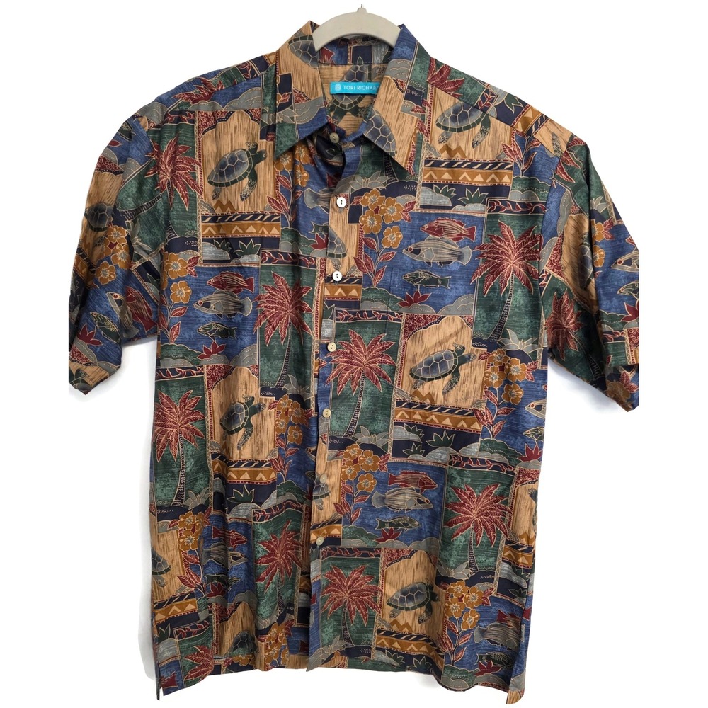 Tori Richard Mens S/XS Cotton Lawn Hawaiian Shirt Sea Turtle Fish Palm Tree 0300